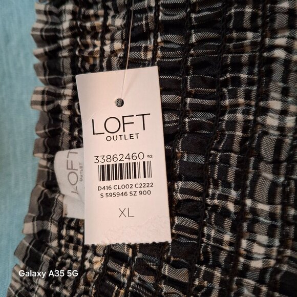 NWT Black & White Plaid Smocked Midi Dress By Loft Outlet XL 3/4 Sleeves Elastic - Picture 5 of 8